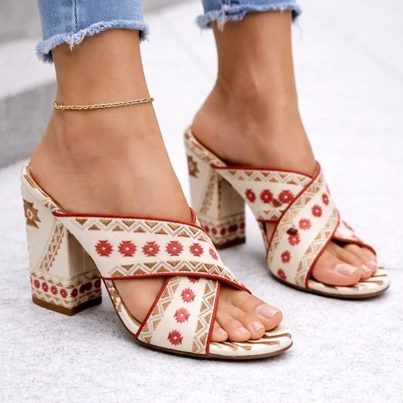 ASH Red Aztec Embroidered Padded Adel Round Toe Block Heel Slip On Heeled Sandal - Picture 1 of 16